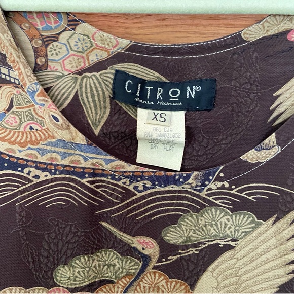 Citron vintage 90s washable silk Asian Japanese printed crane maxi dress - Picture 4 of 5